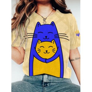 Women's Ukraine Hug Cat Print Crew Neck T-shirt