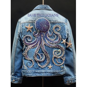 Respect The Locals Save The Oceans Octopus With Diamond Embroidered Denim Jacket