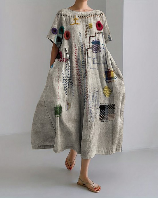 Colorful Embroidered Japanese Sashiko Art Linen Blend Maxi Dress
