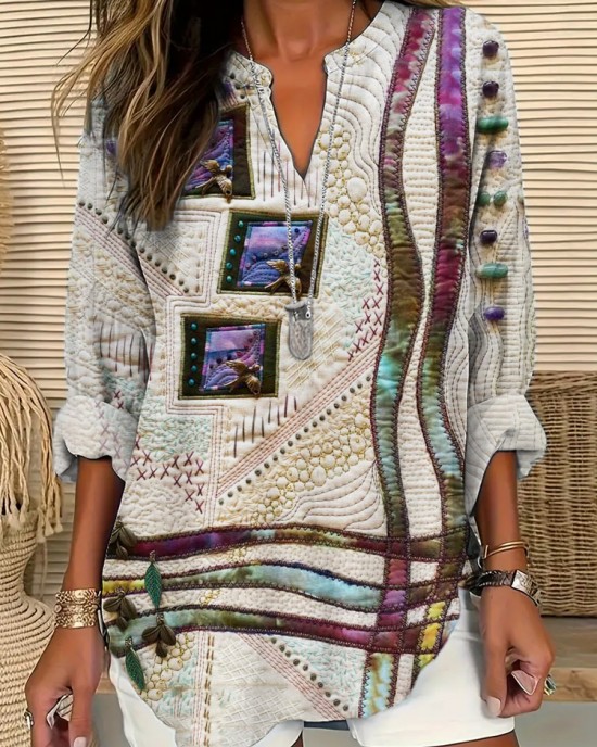 Flower & Bird Embroidery Art Women's Linen V-neck Shirt
