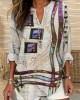 Flower & Bird Embroidery Art Women's Linen V-neck Shirt