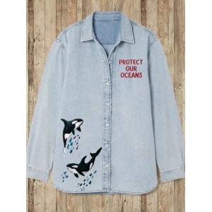 Protect Our Oceans Whales Embroidered Denim Blouse