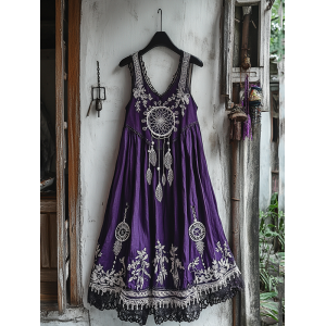 Women's Dreamcatcher Embroidered Flowy Linen Tank Dress