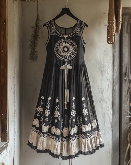 Vintage Viking Dreamcatcher Embroidered Flowy Linen Tank Dress