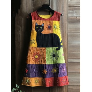 Vintage Black Cat Peeking With Floral Color Block Art Linen Tank Dress