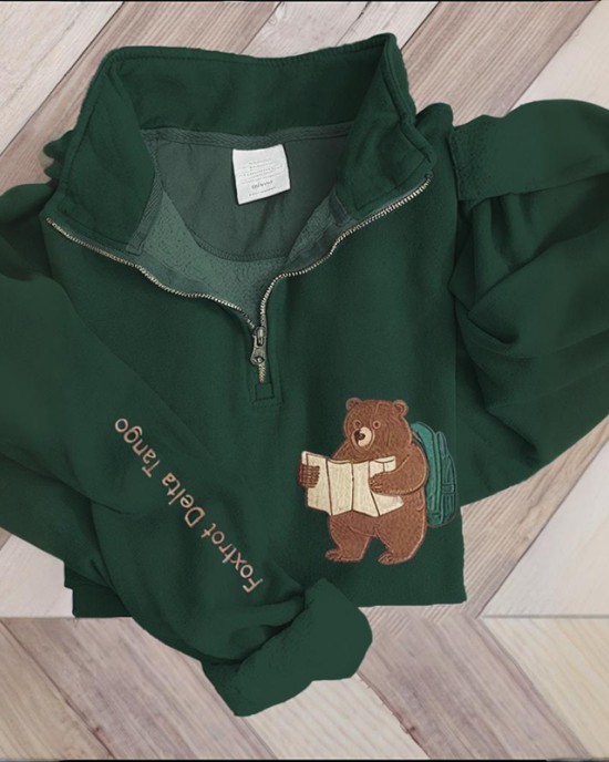 Embroidered Fdt Resist Bear Half-zip Sweatshirt