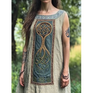 Vintage Viking Tree Of Life Embroidered Linen Tank Dress