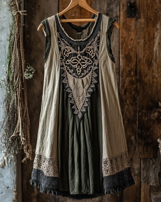 Tribal Celtic Knot Lace Patchwork Art Linen Tank Dress