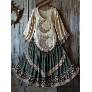Women's Retro Tribal Star And Moon Splicing Lace Cotton And Linen Long Sleeve Dress