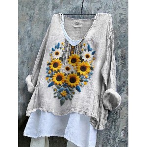 Ukrainian Flag In Floral Embroidered Stop Ukr War Print Linen Women's V-neck Shirt