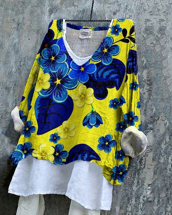 Ukrainian Floral Stop Ukr War Print Linen Women's V-neck Shirt