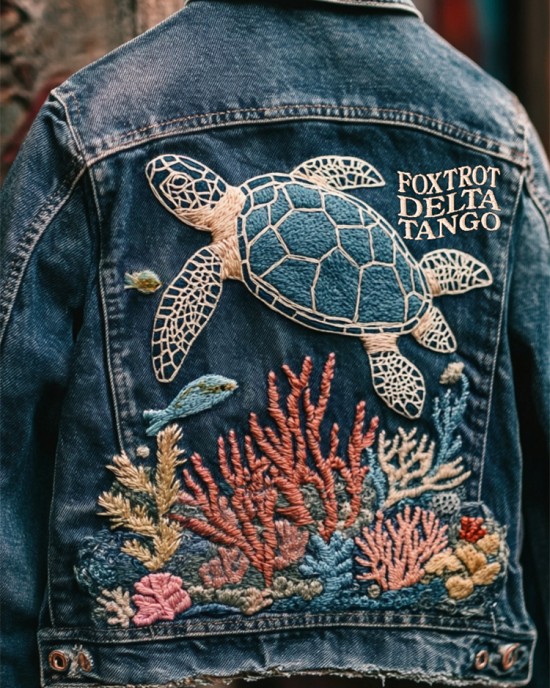 Foxtrot Data Tango Gulf Of Mexico Turtle Coral Embroidered Denim Jacket