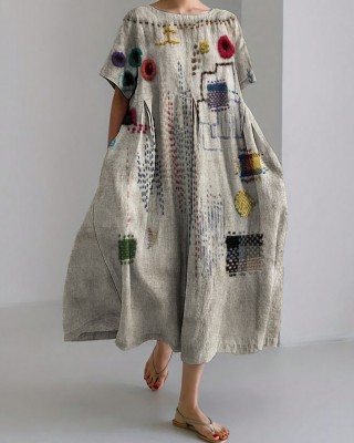Colorful Embroidered Japanese Sashiko Art Linen Blend Maxi Dress