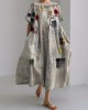 Colorful Embroidered Japanese Sashiko Art Linen Blend Maxi Dress