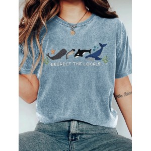 Respect The Locals Whales Embroidered Vintage Washed T Shirt