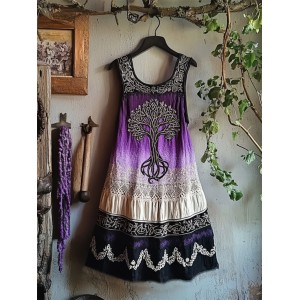 Vintage Tribal Celtic Knot Life Of Tree Patchwork Art Linen Tank Dress