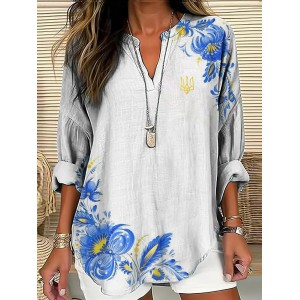 Women's Ukrainian Trident Flower Art Linen V-neck Shirt