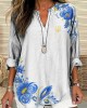 Women's Ukrainian Trident Flower Art Linen V-neck Shirt