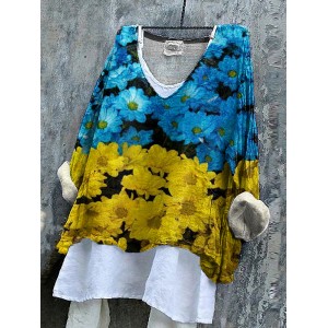 Ukrainian Flag In Floral Stop Ukr War Print Linen Women's V-neck Shirt