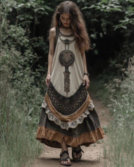 Vintage Tribal Viking Wolf Celtic Knot Linen Blend Tank Midi Dress