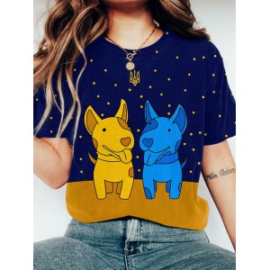 Women's Ukraine Flag Dog Print Crew Neck Casual T-shirt