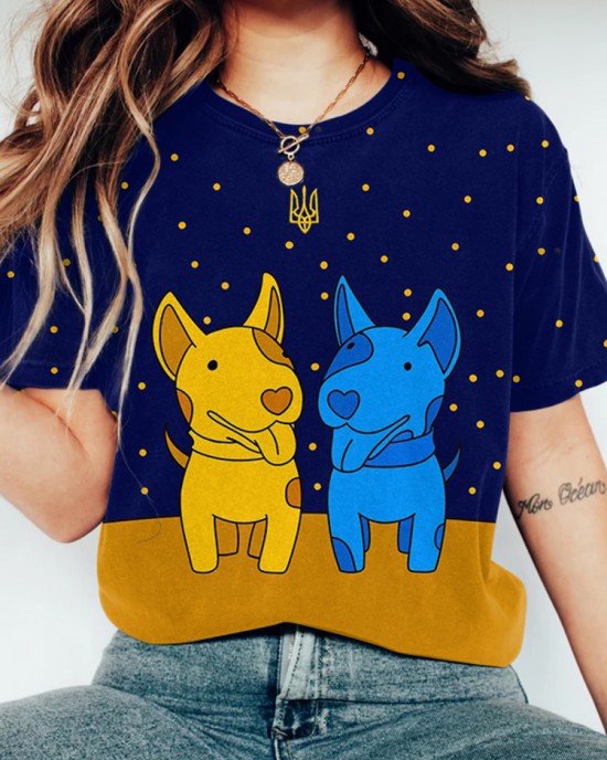 Women's Ukraine Flag Dog Print Crew Neck Casual T-shirt