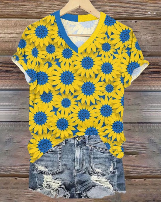Women's Stand With Ukraine Sunflower V-neck T-shirt