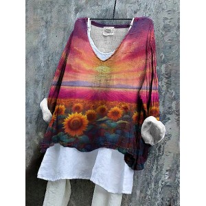 Pray For Ukraine Sunflower Print Women's Linen Shirt