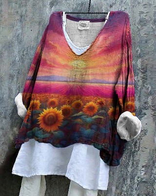 Pray For Ukraine Sunflower Print Women's Linen Shirt