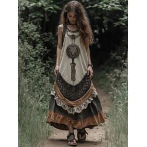 Vintage Tribal Viking Wolf Celtic Knot Linen Blend Tank Midi Dress