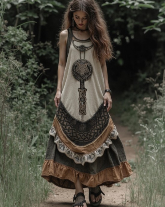 Vintage Tribal Viking Wolf Celtic Knot Linen Blend Tank Midi Dress
