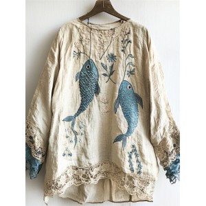 Carp Fish Embroidered  Lace Hem Linen Blend Tunic