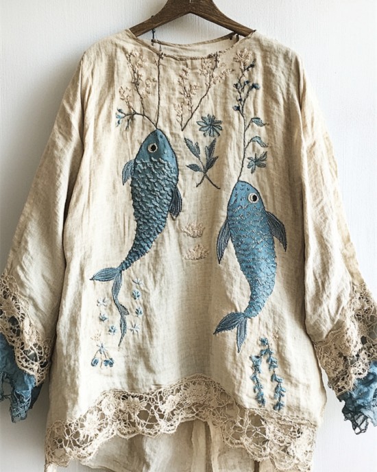 Carp Fish Embroidered  Lace Hem Linen Blend Tunic