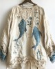 Carp Fish Embroidered  Lace Hem Linen Blend Tunic