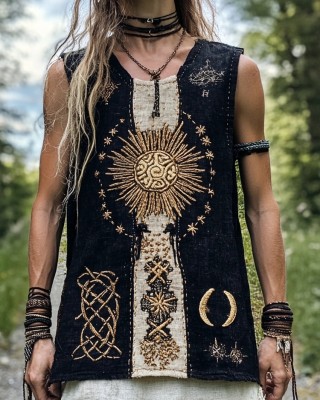 Mystical Viking Embroidered Vintage Linen Tank Top