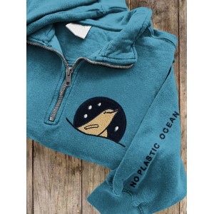 No Plastic Ocean Embroidered Casual Women's Zip-up Sweatshirt