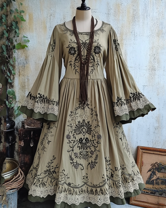 Women's Vintage Tribal Viking Patchwork Maxi Dress