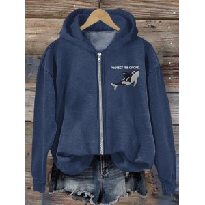 Protect The Orcas Pattern Zip Up Hoodie