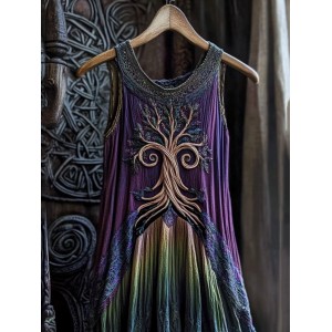 Vintage Viking Celtic Tree Gradient Linen Comfy Midi Dress