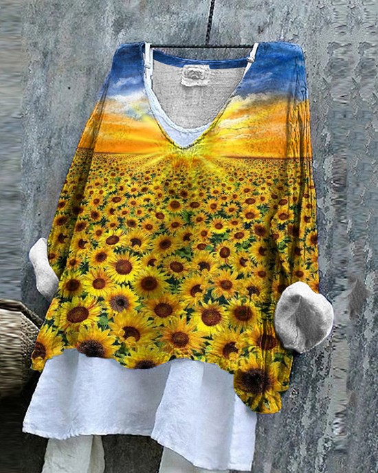 Ukrainian Sunflower Print Linen Women's V-neck Shirt