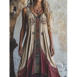 Vintage Viking Tree Of Life Embroidered Patchwork Linen Dress