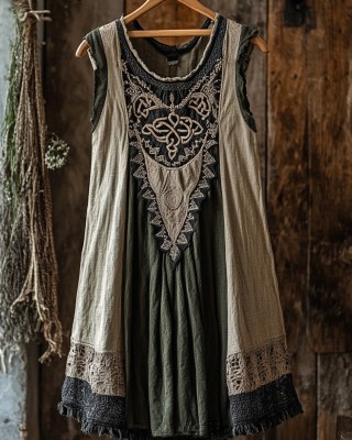 Tribal Celtic Knot Lace Patchwork Art Linen Tank Dress