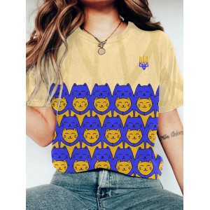 Women's Ukraine Hug Cat Print Crew Neck Casual T-shirt