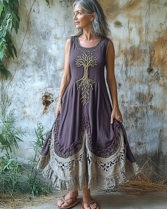 Women's Vintage Tribal Tree Of Life Patchwork Linen Blend Midi Dress