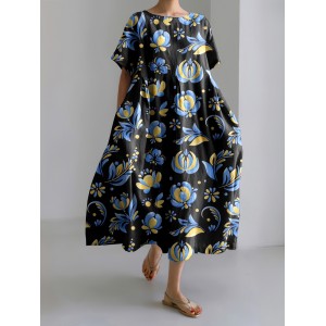 Ukrainian Vintage Flower Art Pattern Linen Blend Maxi Dress