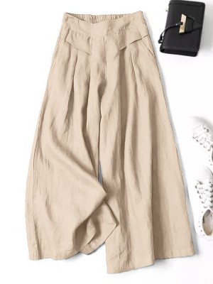 Women 100  Cotton Wide Leg Side Pockets Solid Color Ankle Length Elastic Waist Pants