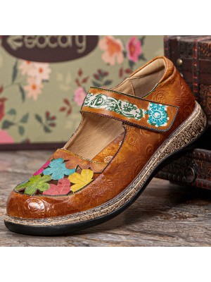  Genuine Leather Hand Made Retro Ethnic Colorful Flowers Hollow Soft Comfy Mary Jane Flat Shoes