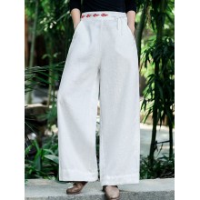 Women Solid Color Lace  Up Vintage Embroidery Wide Leg Pants With Pocket